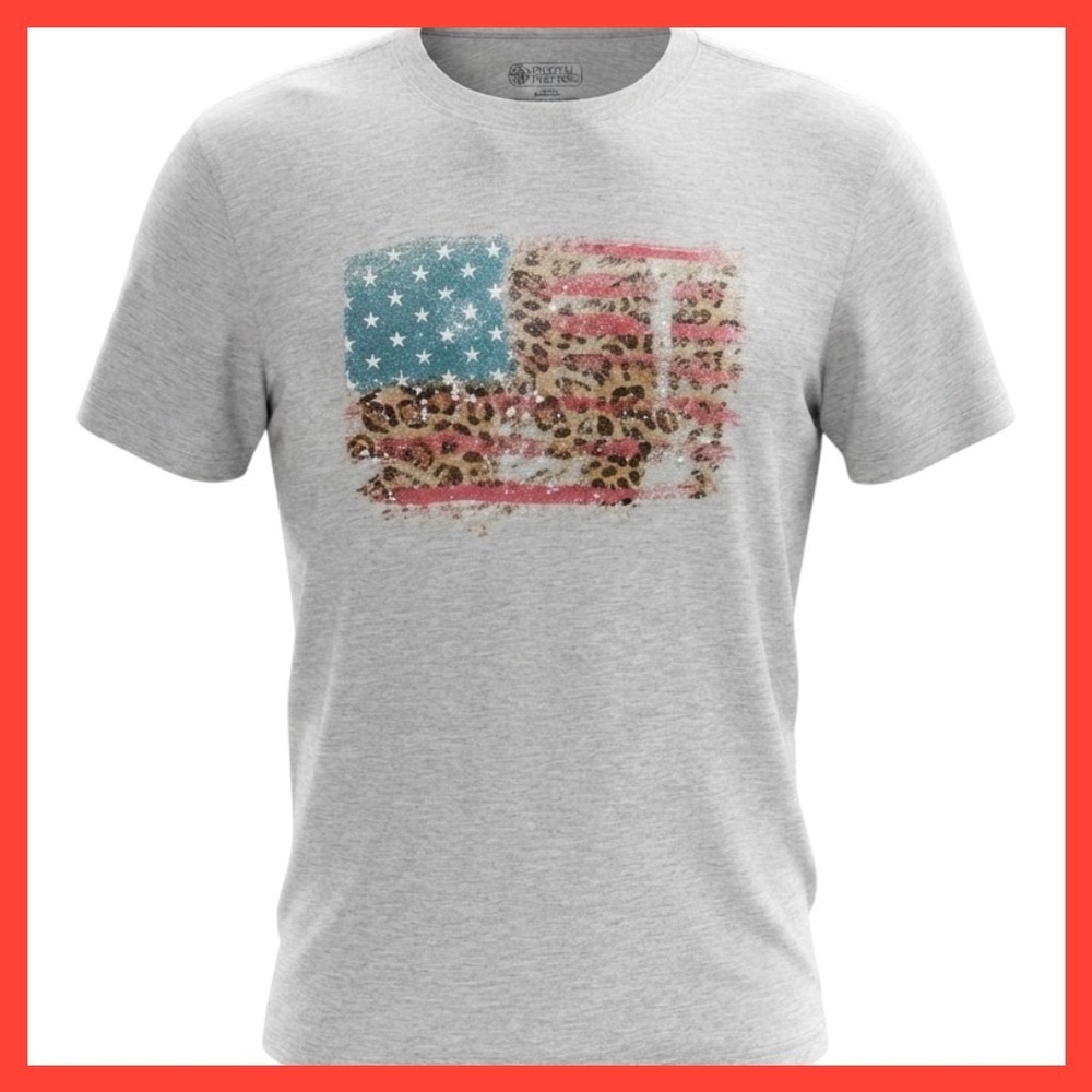 NWOT Pivotal Partners Mens Gray Leopard Print American Flag Graphic T-Shirt LG